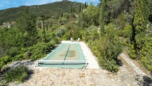 Una piscina in pietra con copertura verde, immersa nel verde rigoglioso con una montagna sullo sfondo.