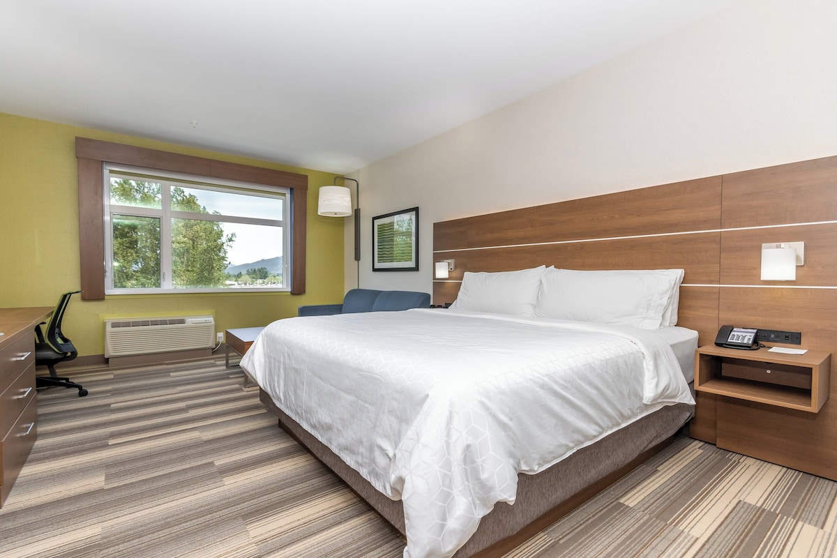 Quarto de hotel moderno com uma cama grande, uma mesa de escritório e uma cadeira. Há uma janela com vista para árvores e montanhas.