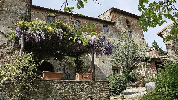 A stone building with a wooden bench under a vine-covered pergola. - CORZANELLO - Charming farmhouse in the Chianti with  swimming pool use (Calzaiolo)