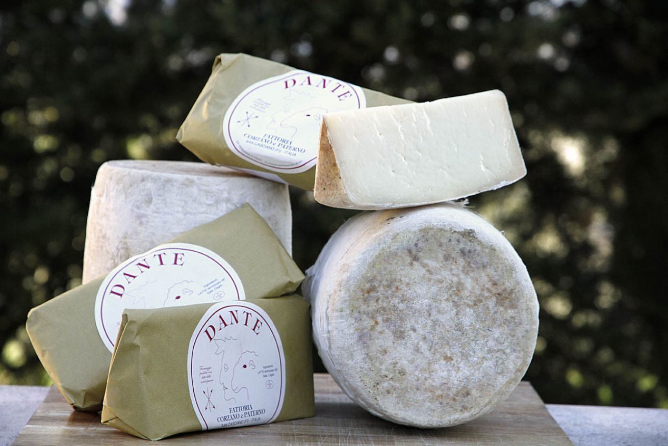 Several packages of Dante cheese on a wooden surface with a blurred green background.