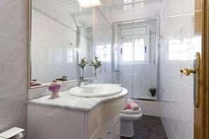 Ensemble baignoire-douche, séchoir à cheveux, serviettes fournies, savon