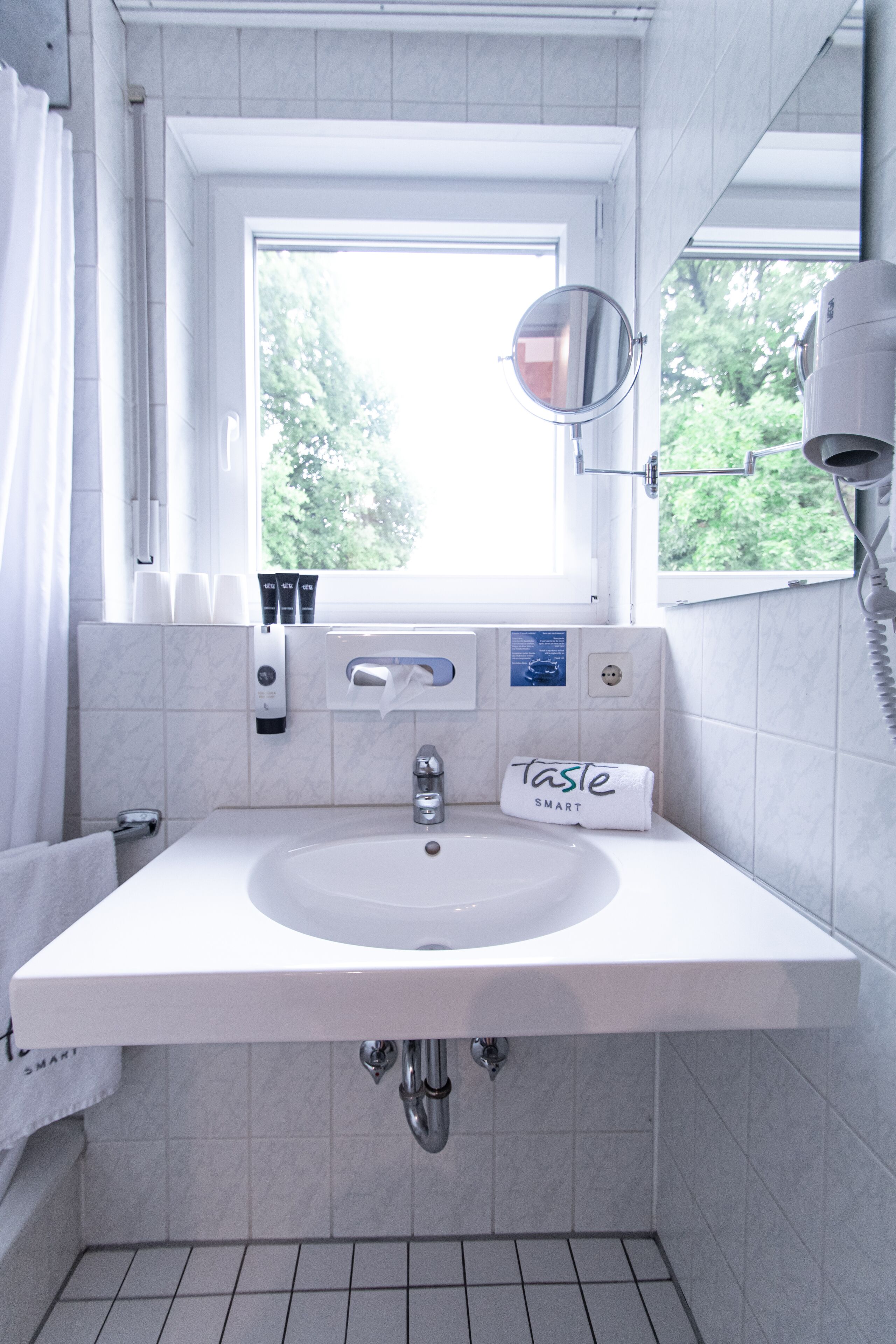 A modern bathroom with a white sink, a mirror, a towel rack, and a window with a view of trees.