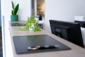A modern office desk with a computer monitor, a keyboard, a mouse, and a small potted plant. - Taste Smart Hotel Backnang (Backnang)