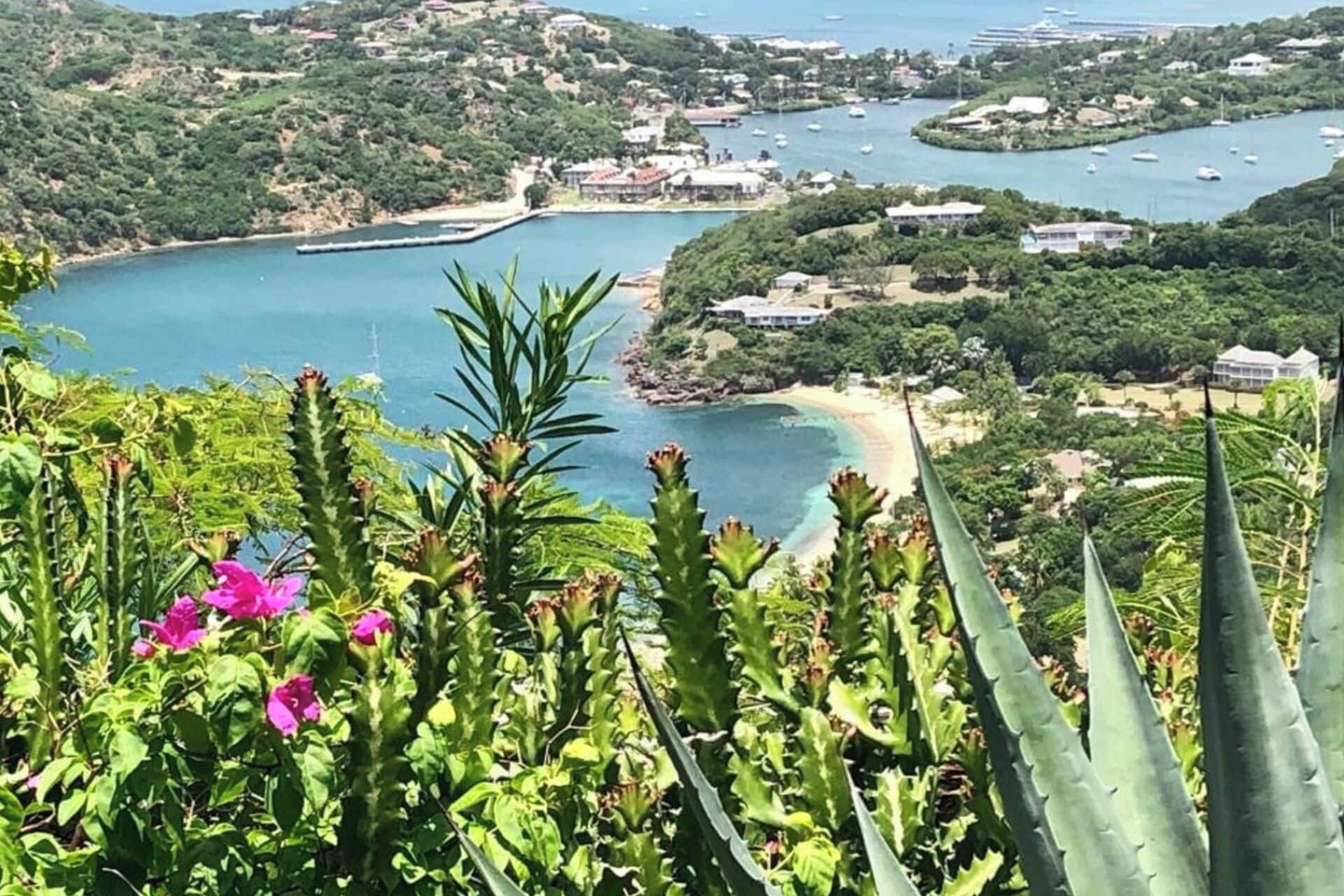A coastal landscape with a beach, houses, and boats.
