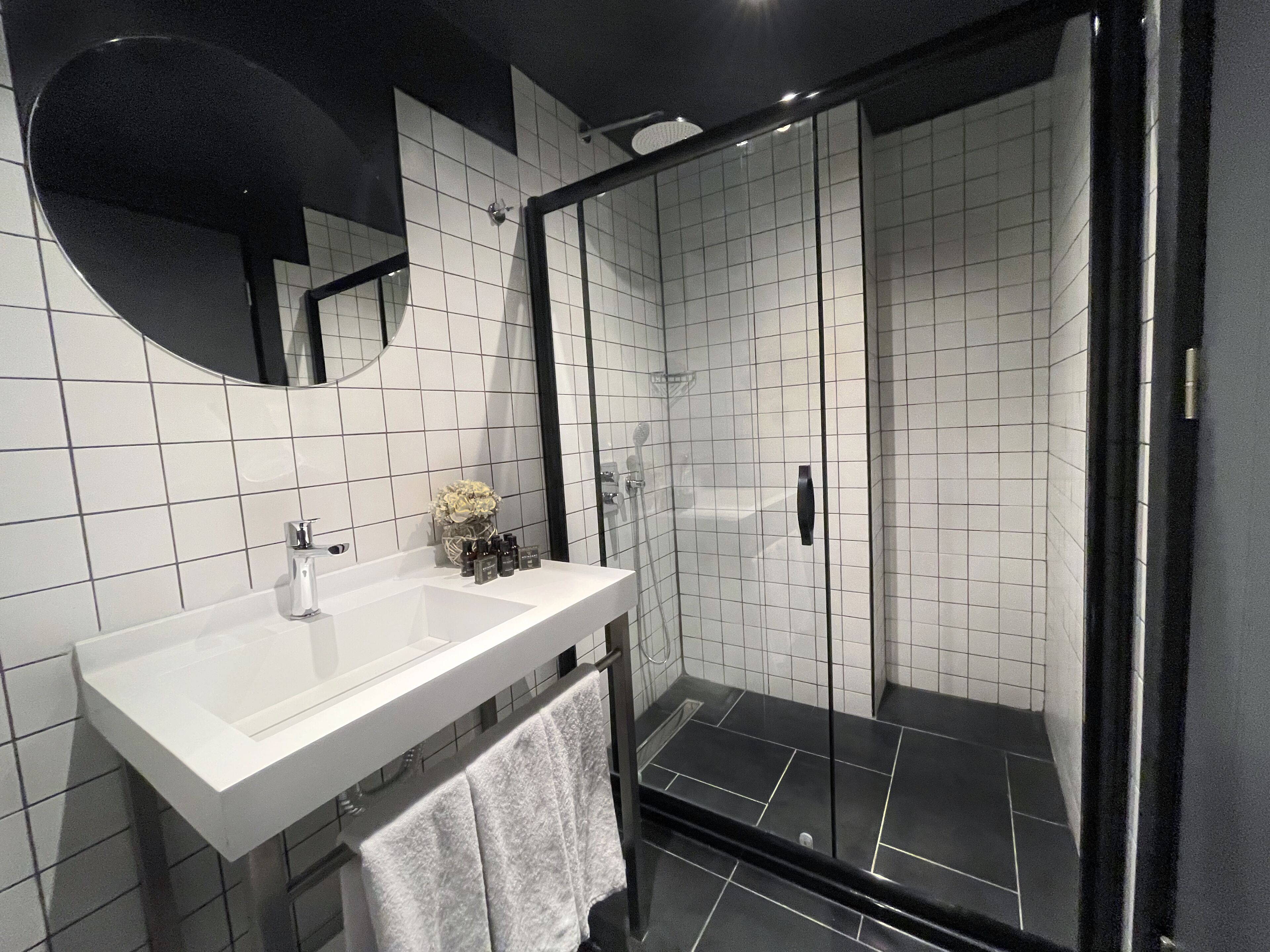 shower, hair dryer, bathrobes, slippers