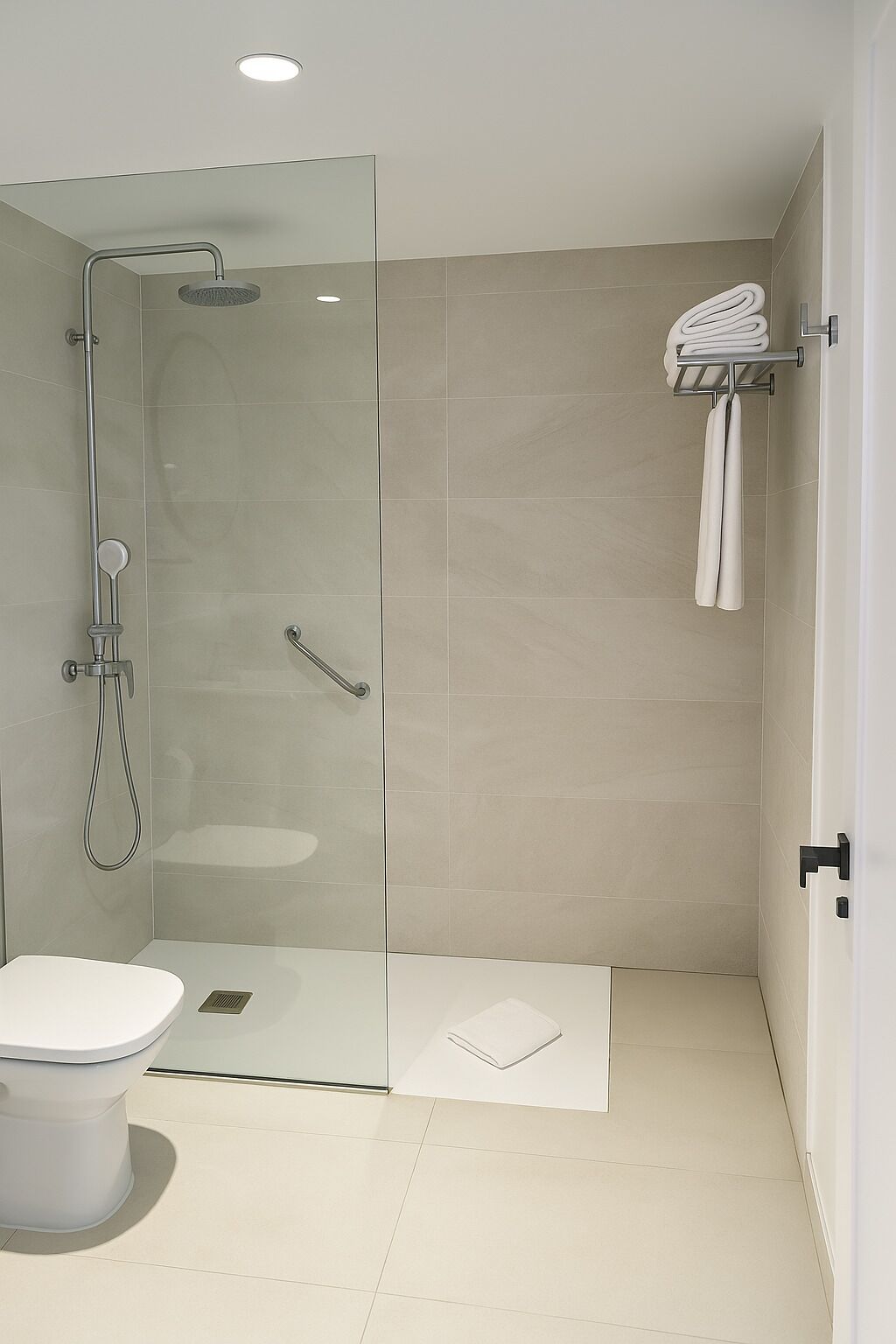A modern bathroom with a glass-enclosed shower, a toilet, and a towel rack.