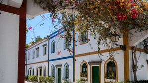 Un patio con un edificio que tiene ventanas y puertas de arco, rodeado de plantas en macetas y enredaderas con flores.