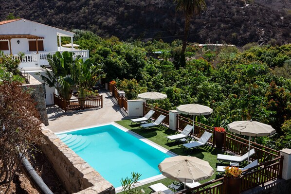 Relax by the serene pool surrounded by lush greenery and lounge chairs.
