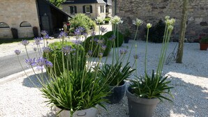 A courtyard with potted plants and a stone building in the background. - Domaine Leyvinie, gite Mourvedre, 10 minutes from the Dordogne River (Perpezac-le-Blanc)