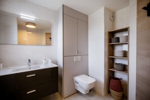 Shower, hair dryer, towels, toilet paper