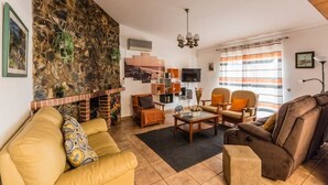 Una sala de estar con pared de piedra, chimenea, televisor y cortina a rayas.