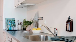 Cozinha moderna com pia de aço inoxidável, um vaso de planta e uma tigela de limões.