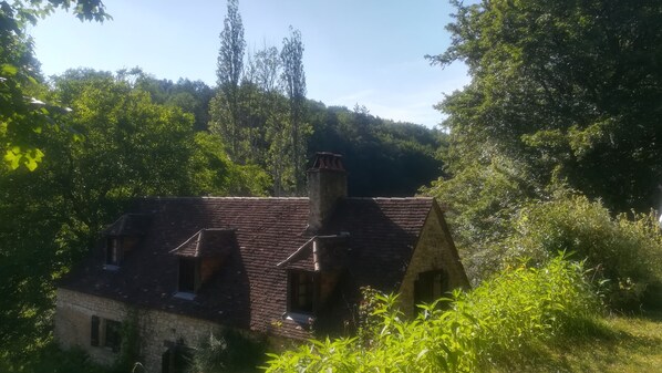A rustic house with a brick chimney, surrounded by lush greenery and trees.