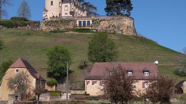 Un castillo en una colina con una torre, rodeado de casas más pequeñas y vegetación.