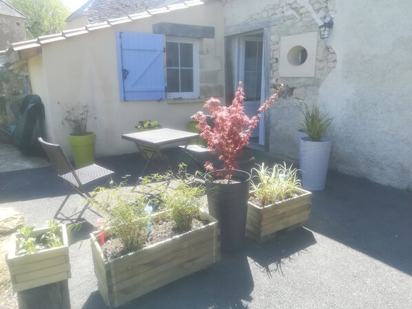 Un patio con mesa y sillas, plantas en macetas y una puerta azul.