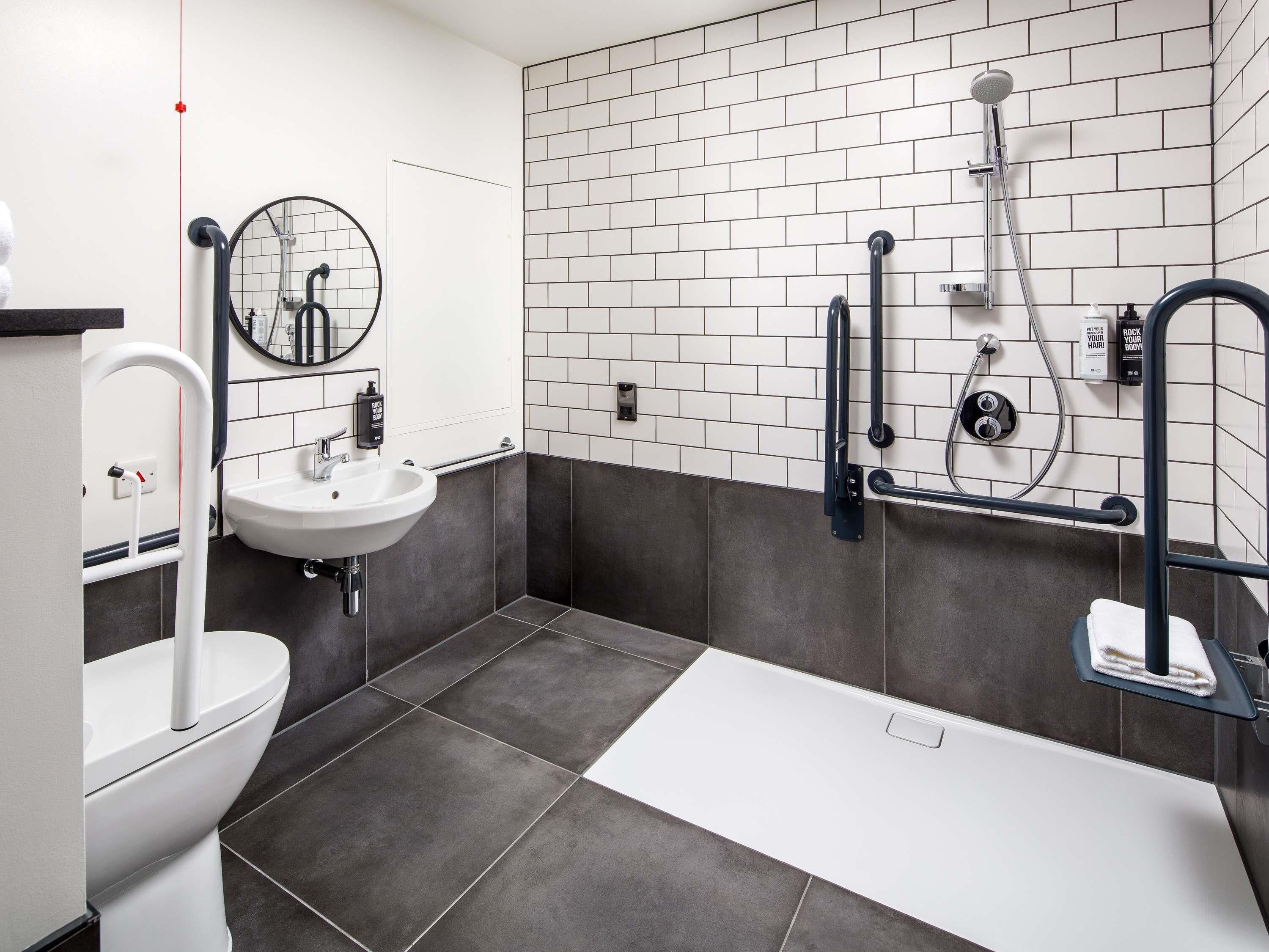 A modern bathroom with a white sink, a toilet, a shower with a handheld showerhead, and a mirror.