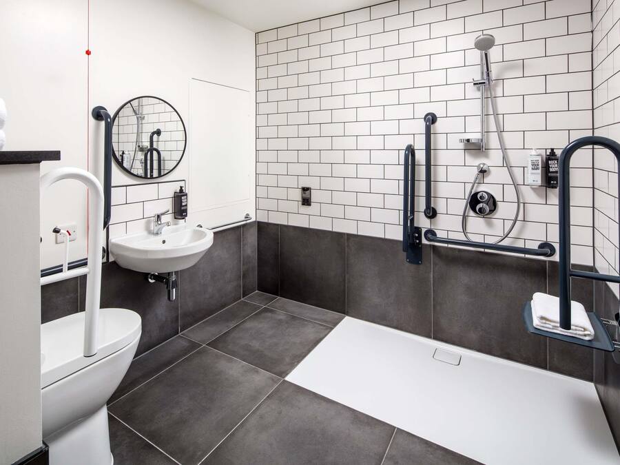 A modern bathroom with a white sink, a toilet, a shower with a handheld showerhead, and a mirror.