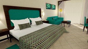 Una habitación de hotel con una cama grande, un sofá verde, una mesita y una silla.