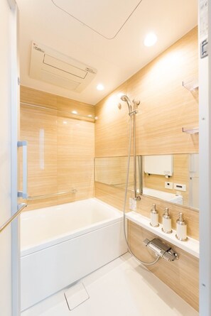 Hair dryer, towels, soap, shampoo
