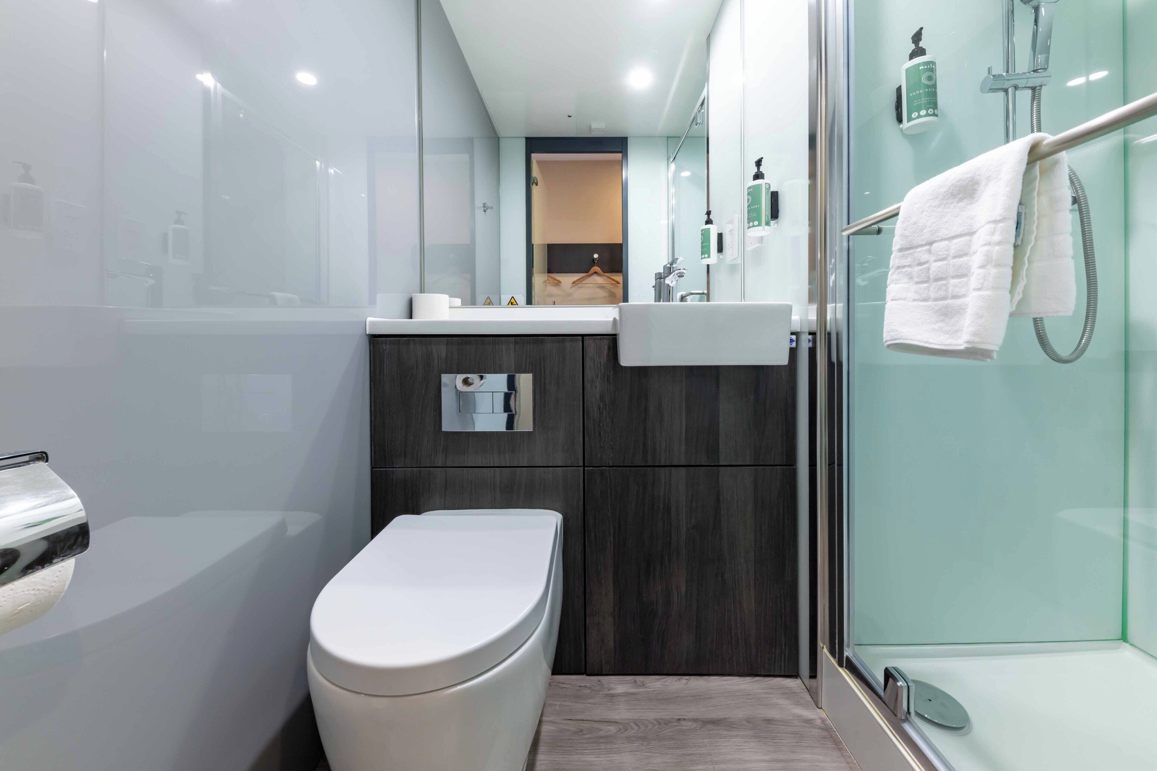 Shower, eco-friendly toiletries, hair dryer, towels