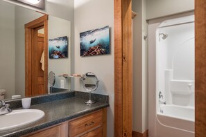 Combined shower/bathtub, hair dryer, towels, toilet paper