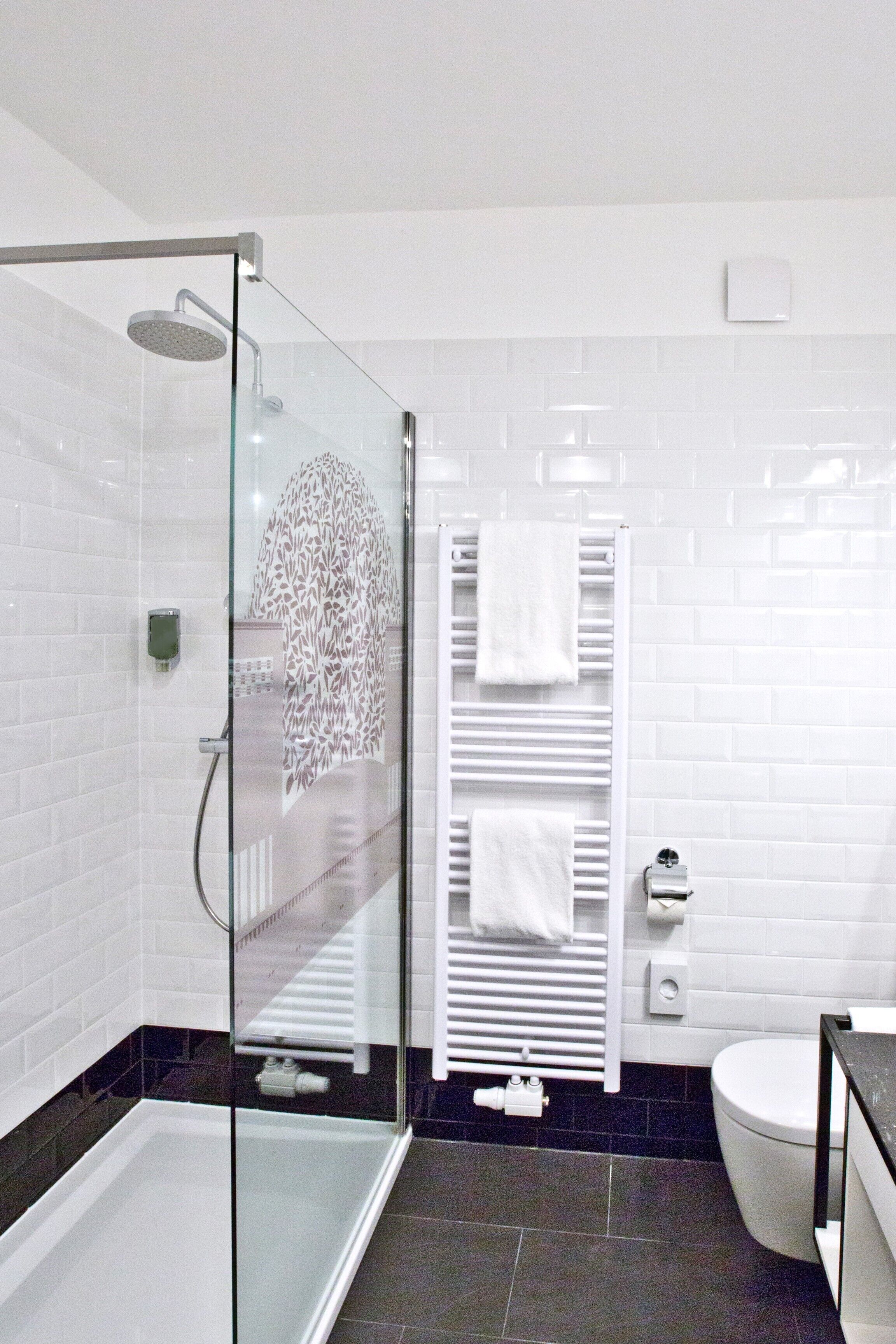 A modern bathroom with a glass-enclosed shower, a white toilet, and a black bathtub.
