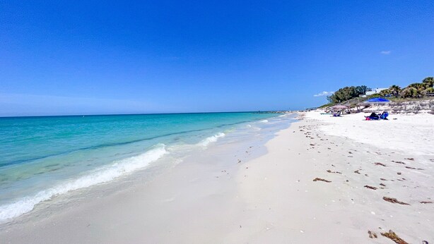 A beach with clear blue water, a sandy shore, and some umbrellas. - Oceanfront Home | Pets Welcome (Indian Rocks Beach)