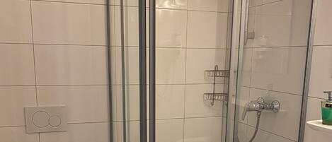 Un baño con ducha de vidrio, inodoro y lavamanos.