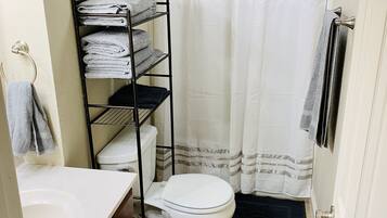 Shower, towels, toilet paper