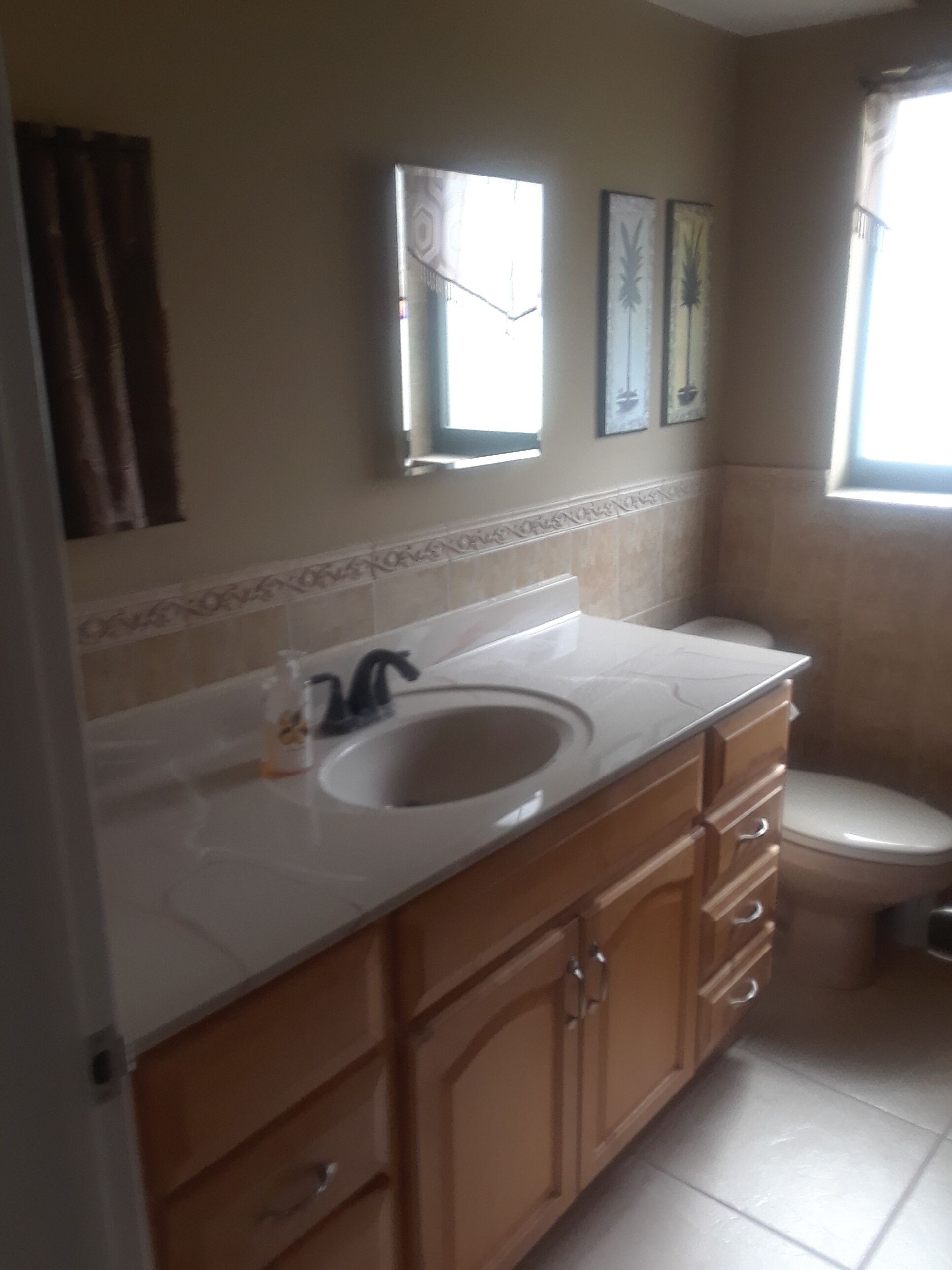 A bathroom with a white sink, wooden cabinets, and a toilet.