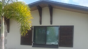 A house with a sloped roof, two windows with shutters, and a small lawn with a palm tree.