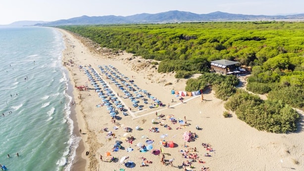 A beach with rows of umbrellas and sun loungers, a small building, and dense greenery in the background. - Comfort Lodge Maremma (Grosseto)