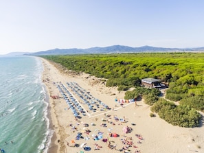 A beach with rows of umbrellas and sun loungers, a small building, and dense greenery in the background.