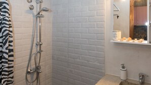 Une salle de bain avec une douche, un lavabo et un miroir.