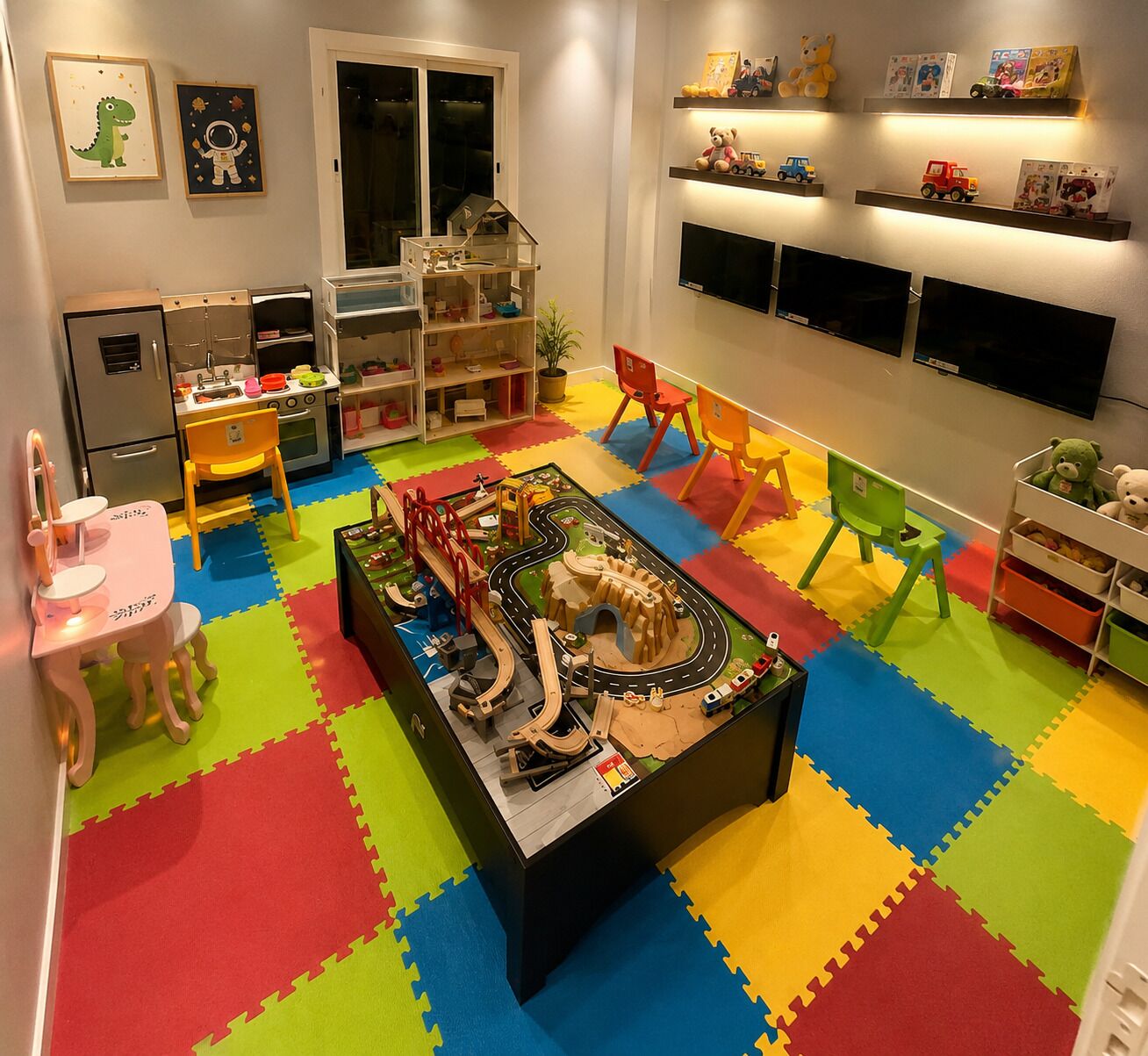 A playroom with a train set, colorful foam flooring, and children's furniture.