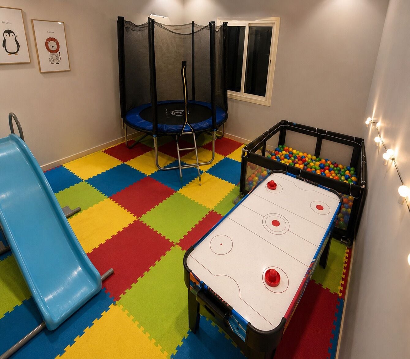 Uma sala de brinquedos com um trampolim, mesa de pebolim e uma piscina de bolinhas.