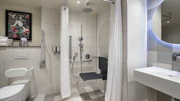 Room, 1 Queen Bed, Accessible | Bathroom | Shower, free toiletries, hair dryer, towels