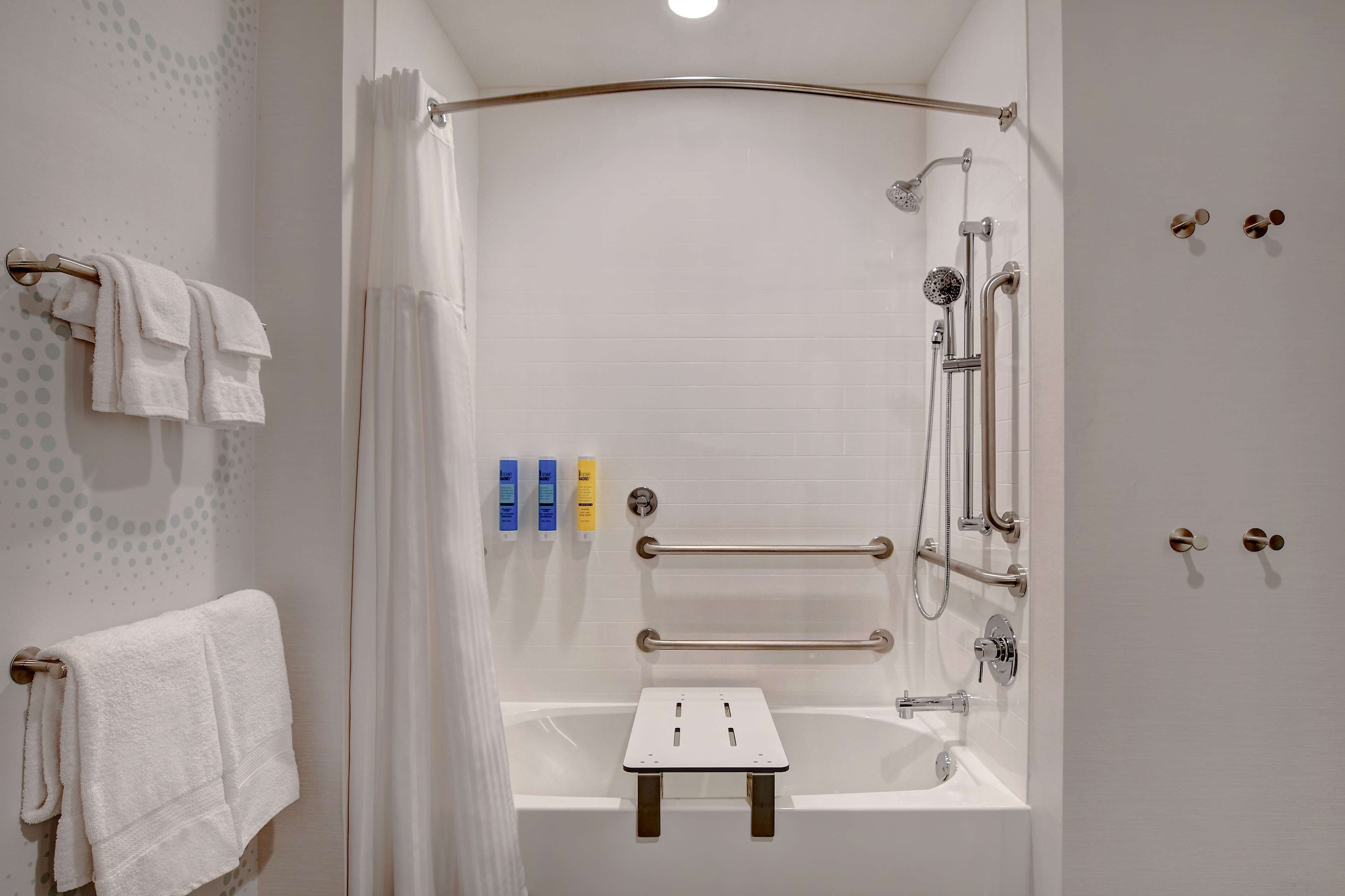 hair dryer, towels, soap, shampoo