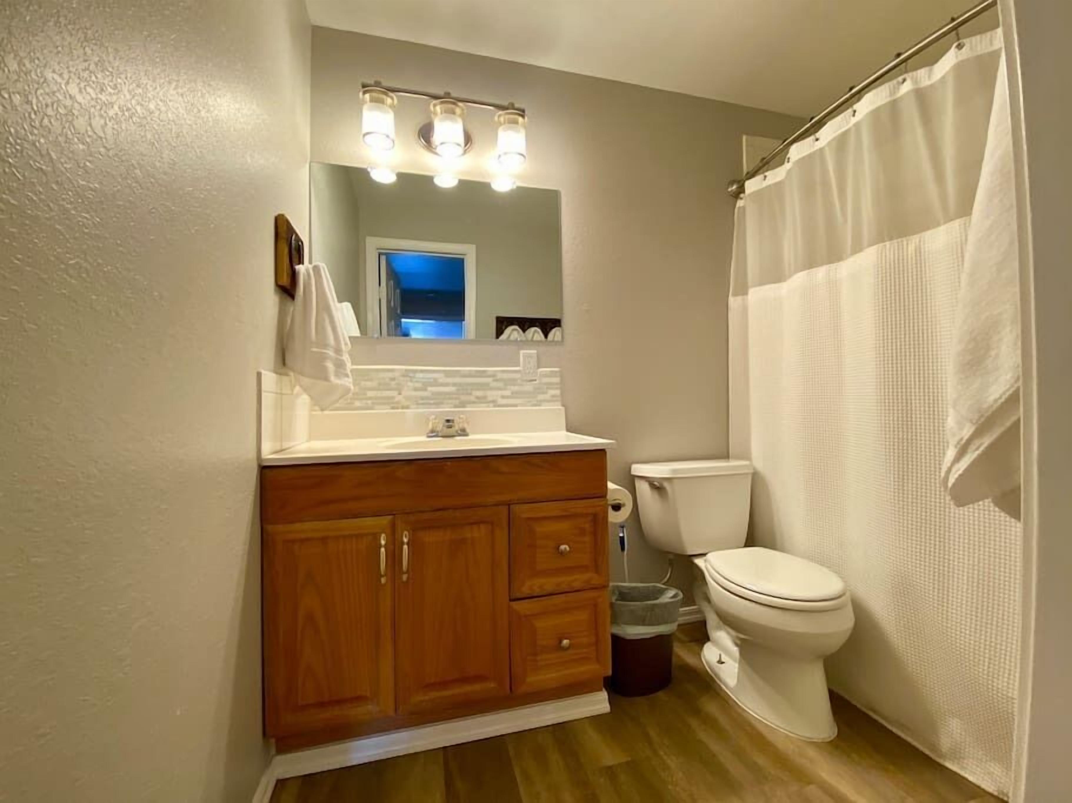 Un baño con tocador de madera, inodoro blanco y cortina de ducha.