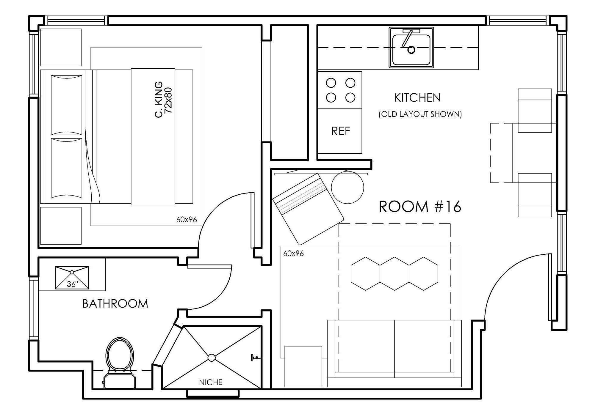 A floor plan of a hotel room with a kitchenette, bathroom, and a living area.