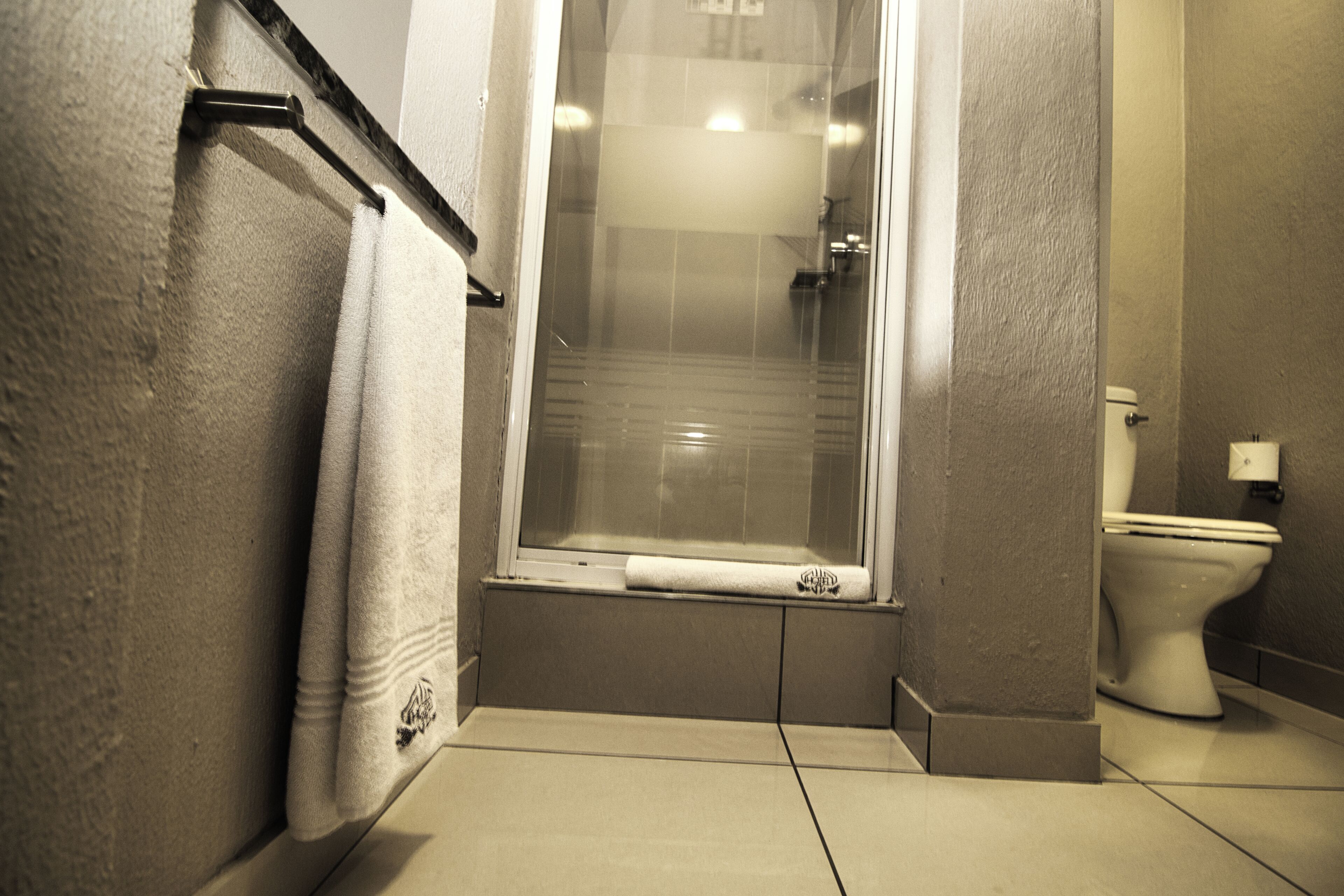 Ein Badezimmer mit einer Duschkabine, einer Toilette und einem Handtuchhalter.