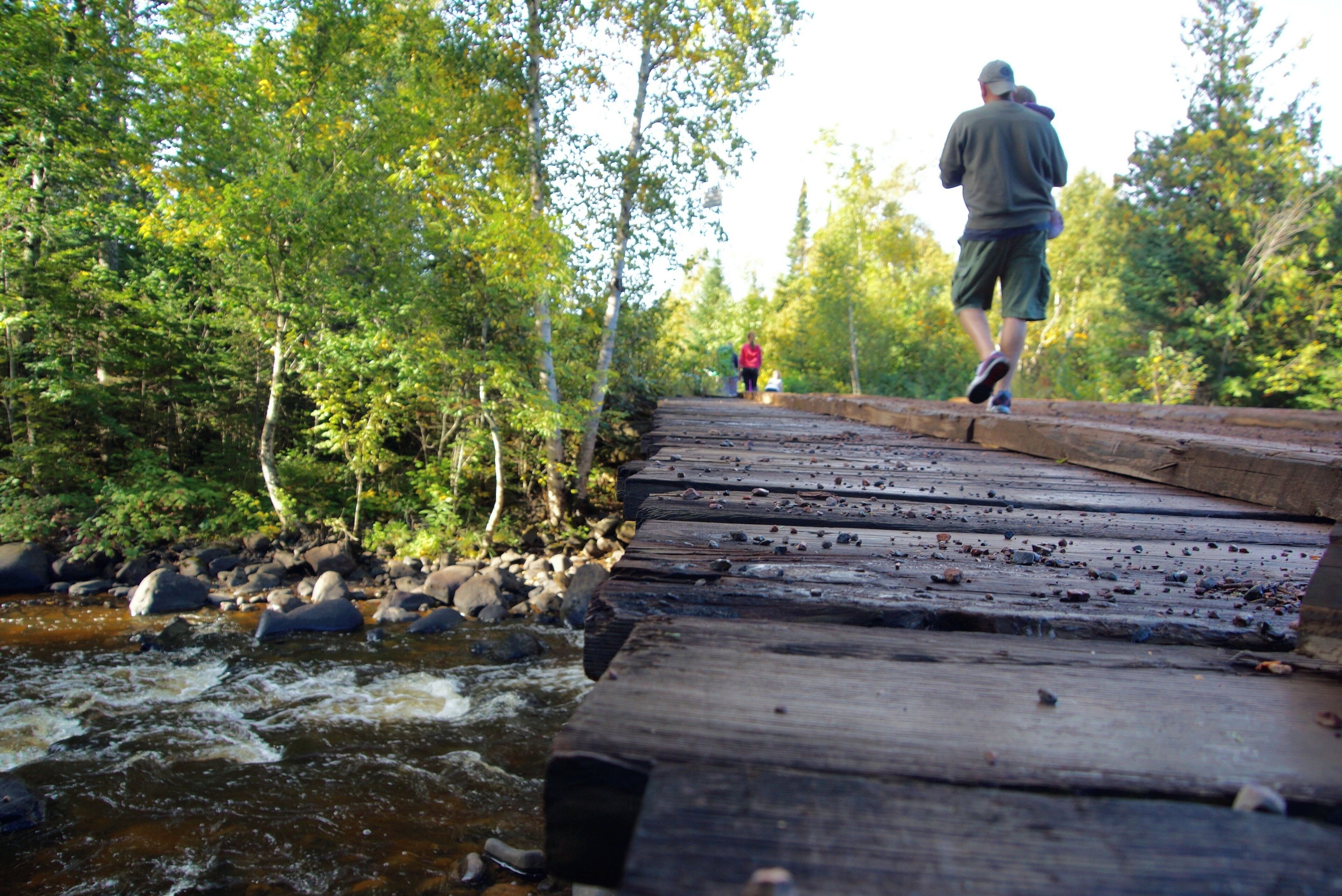 A wooden bridge over a river with trees on both sides.