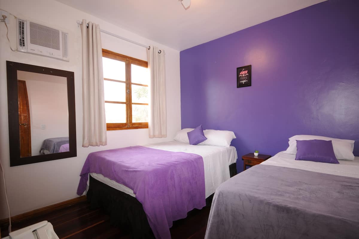 A room with two beds, a window with curtains, a mirror, and a small table with a plant.