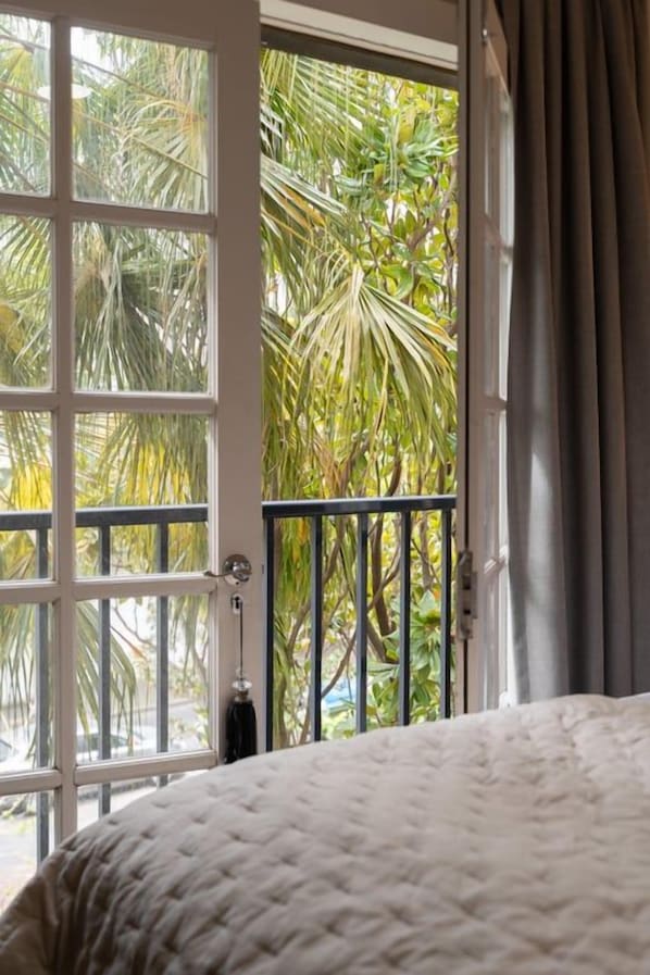 A room with a bed, a window with a view of palm trees, and a curtain.