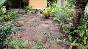 Un camí al jardí que condueix a un edifici groc amb vestíbul cobert.