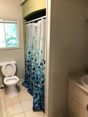 Combined shower/bathtub, toilet paper