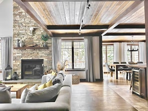 Smart TV, fireplace, books, music library