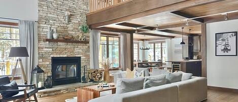 Smart TV, fireplace, books, music library