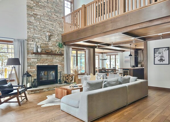 Smart TV, fireplace, books, music library