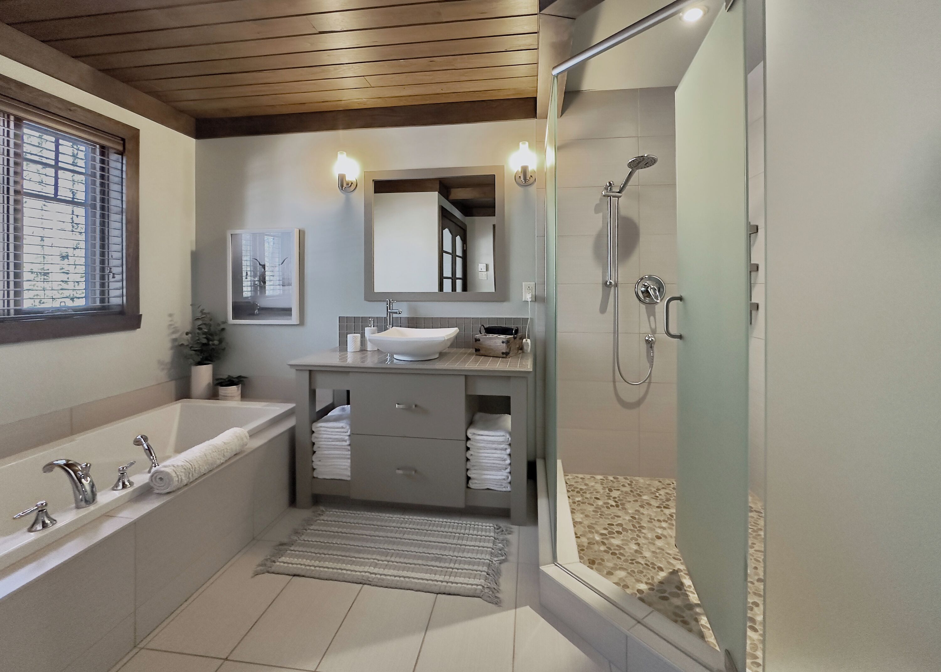 Bathtub, hair dryer, towels, soap